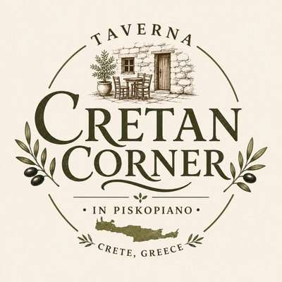 The Cretan Corner logo, a cream engraved badge.