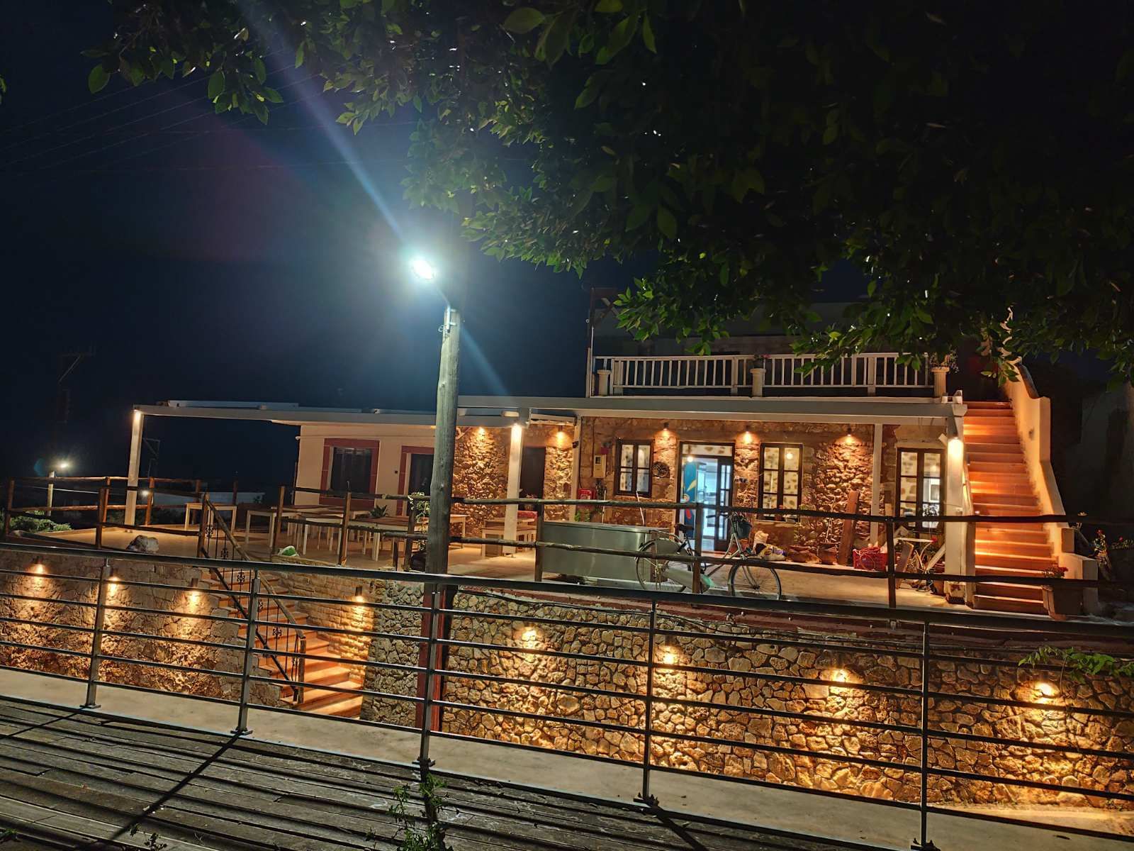 The whole taverna lit up at night under the tree, glasses on every table.